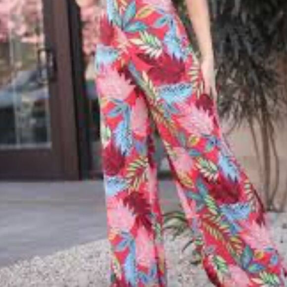 Jumpsuit S tropical colors v neck wide leg adjustable spagetti straps - Picture 6 of 7